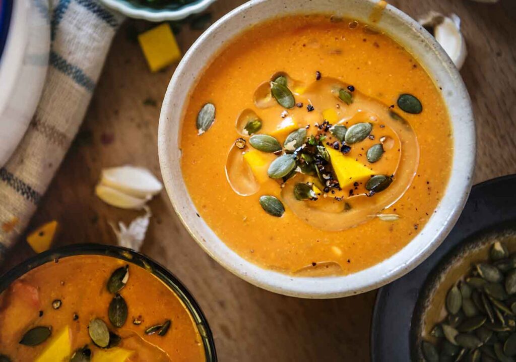 Pumpkin soup with cheese and cinnamon
